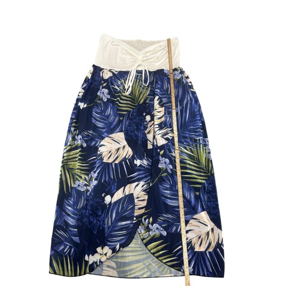 Tropical Floral Maxi Skirt With Ruched Waistband & Drawstring 2XL  Blue & White - Picture 4 of 6